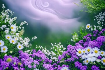 Wall Mural - Vibrant floral landscape with purple and white flowers under a cloudy sky, showcasing nature's beauty and tranquility, floral concept