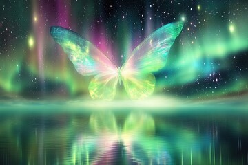 Poster - Luminous Butterfly Soars Above Aurora, Reflecting in Calm Water, Mystical Night Scene