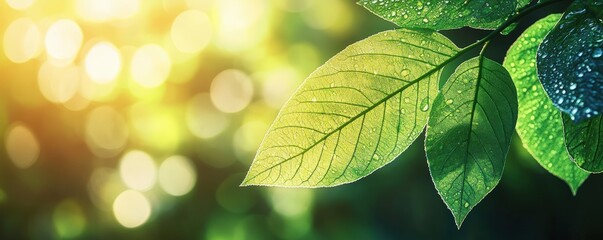 Wall Mural - Close-Up of a Fresh Green Leaf with Water Droplets Captured in Natural Light, Showcasing the Beauty of Nature in a Tranquil Setting