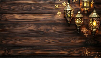 Aufkleber - Ornate Golden Lanterns on Dark Wooden Background