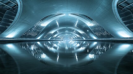 Poster - Futuristic tunnel reflecting in water; architectural design; night scene; potential stock photo