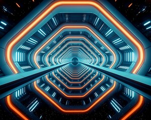 Poster - Futuristic tunnel with neon lights, mirrored reflection, abstract design, suitable for sci-fi background, product placement, or wallpapers