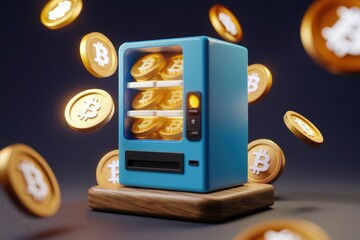Poster - A blue vending machine dispensing golden Bitcoin cryptocurrency coins.