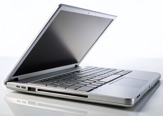Poster - Macro Close-up of Open Gray and Silver Laptop, Isolated on White Background