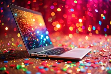 Poster - Macro Festive Laptop Glitter Confetti Red Table - Holiday Tech Stock Photo