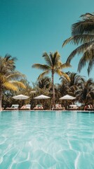 Aufkleber - Tourists are enjoying a sunny day, lying on deck chairs by a beautiful swimming pool surrounded by palm trees in a tropical resort, creating a perfect vacation atmosphere