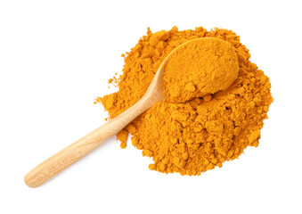 Wall Mural - Turmeric powder and spoon isolated on white, top view