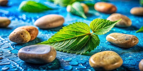 Poster - Macro Photography: Earthy Rock and Leaf Composition on Blue