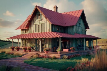 Poster - Rustic farmhouse with red roof, wide porch, and flowerpots, idyllic countryside setting.
