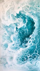 Poster - Turquoise ocean water mixes with white foam, creating stunning patterns resembling marble or abstract art, offering a beautiful and serene view of nature's artistry