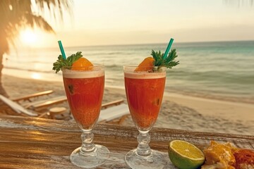 Wall Mural - Refreshing cocktails on a beach at sunset, perfect for summer relaxation