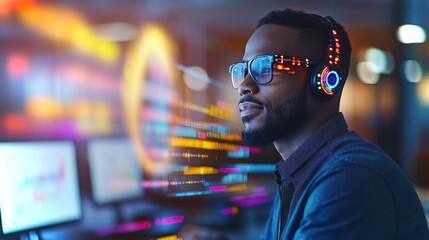 Poster - Man wearing headphones engaged in creative computer work with colorful data visualizations