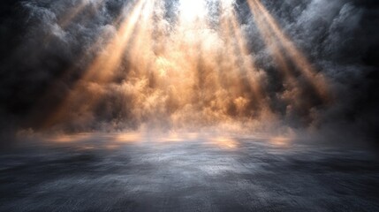 Aufkleber - Dramatic Dark Background with Shining Spotlight Radiating Down on Ground, Creating an Atmospheric Scene Ideal for Artistic and Commercial Use