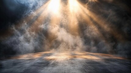 Aufkleber - Dark Background with Spotlight Shining Down on Ground Surrounded by Dramatic Fog and Atmospheric Lighting Effects Ideal for Creative Projects