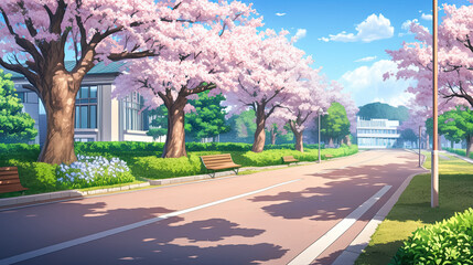 Street view of pink flowers alongside a cheerful anime school marathon with students running in a lively environment during a sunny day