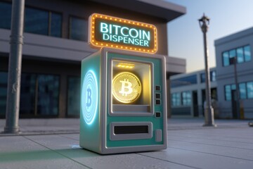 Poster - A Bitcoin dispenser machine stands on a city street, dispensing a golden Bitcoin.