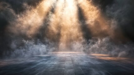 Aufkleber - Dramatic Dark Background with Spotlight Shining Down on Ground and Misty Atmosphere Creating an Enigmatic and Mysterious Scene