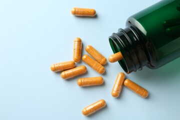 Wall Mural - Turmeric capsules and overturned bottle on light blue background, flat lay. Space for text