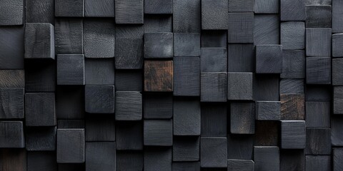 Poster - Intricate Arrangement of Dark Gray and Black Wooden Cubes Forming a Textured Surface Design for Artistic and Modern Interiors