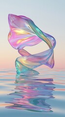 Poster - Above serene water surfaces, a holographic ribbon glides gracefully, showcasing an interplay of radiant colors and reflections, creating a captivating digital artwork that enchants the eye