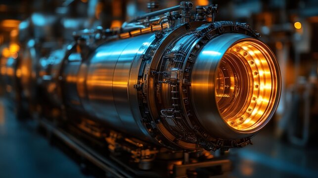 close-up of a powerful jet engine with glowing components.