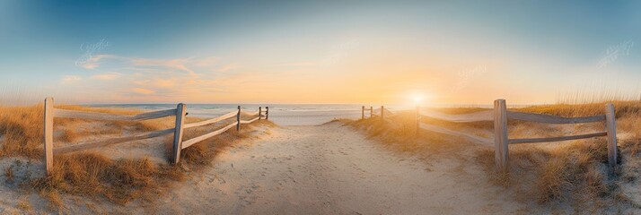 Aufkleber - Panoramic view of a sandy path leading to a beautiful ocean beach at sunset, passing through wooden fences and surrounded by beach grass, creating a serene and inviting coastal scene