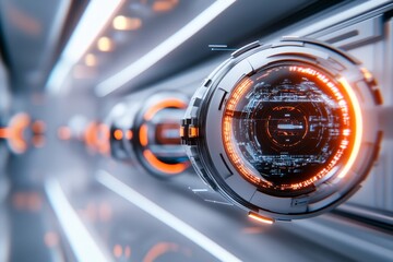 Aufkleber - A 3D-rendered modern laboratory with floating holographic data screens displaying an ongoing experiment