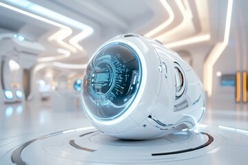 Aufkleber - A 3D-rendered modern laboratory with floating holographic data screens displaying an ongoing experiment