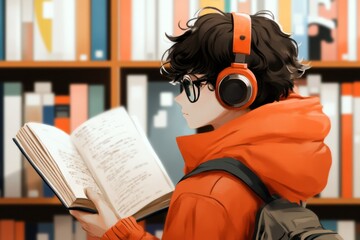 Poster - A 8-bit pixel art of a character in a tiny library, searching through pixelated reference books on a wooden shelf