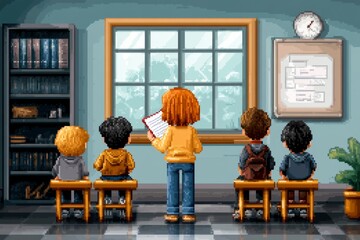 Poster - A 8-bit pixel art of a teacher handing out tiny pixelated worksheets to students in a retro classroom setting