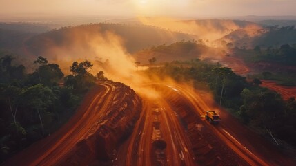Poster - Heavy machinery works on a construction site in a vibrant landscape as dust clouds billow into the air during sunset, highlighting the transformation of the natural environment.