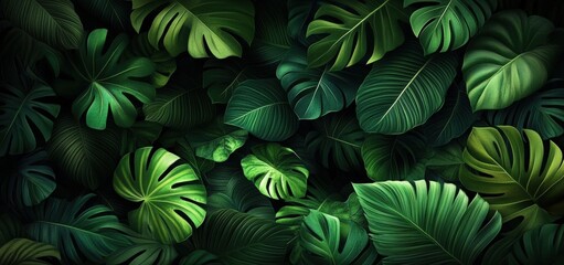 Poster - Dark Green Tropical Leaves Background Ideal for Jungle-Themed Designs and Themes of Nature, Lushness and Vibrancy in Stock Photos