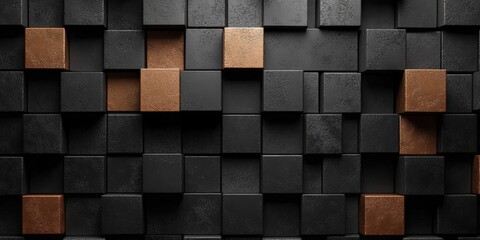 Poster - Dark Wall with Solid Black Cubes and Shades of Copper and Brown Elements Creating a Contemporary Background Design