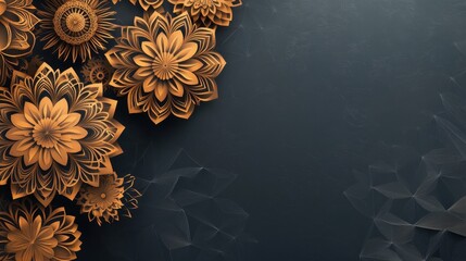 Poster - Elegant Golden Floral Design on Dark Background:  Intricate Paper Cut Flowers, Luxury and Sophistication