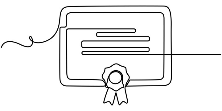 certificate or diploma icon with medal and ribbon bow continuous one line drawing, Gift Voucher Single Line Icon, One continuous line drawing of a festive bow on a white background. Christmas and pro.