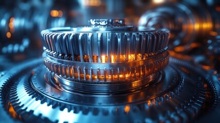 Fototapete - Close-up of intricate metallic gears glowing orange.