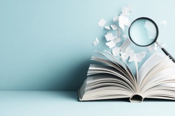 Poster - A clean minimalist icon of an open book with a magnifying glass, symbolizing dictionary lookup