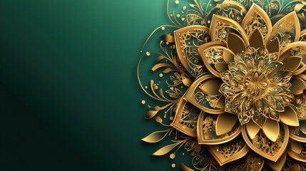 Poster - Elegant Gold Mandala Flower Design on Emerald Green Background: Luxurious Floral Artwork for Invitation, Card, or Decor