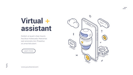 Fototapete - A friendly chat bot virtual assistant surrounded by digital icons. Communication and interaction in a modern tech-driven world. Isometric line art web banner, landing page template
