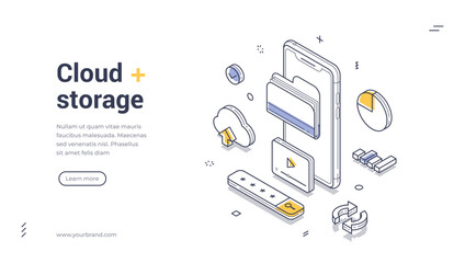 Fototapete - Mobile device surrounded by cloud storage icons, charts, and graphics, representing digital data management and accessibility. Modern line art isometric web banner, landing page template
