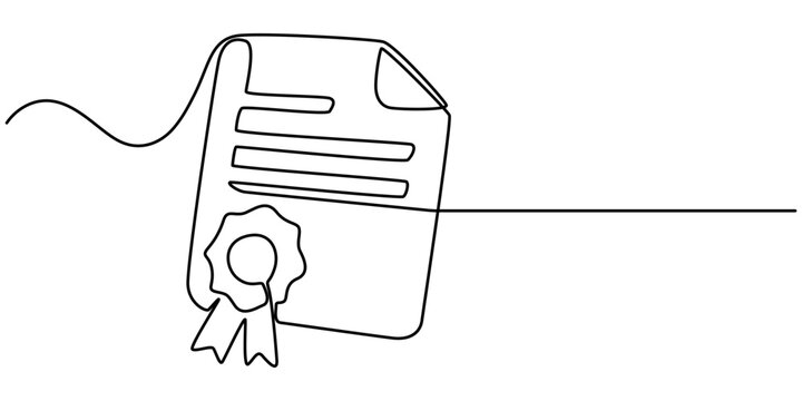 certificate or diploma icon with medal and ribbon bow continuous one line drawing, Gift Voucher Single Line Icon, One continuous line drawing of a festive bow on a white background. Christmas and pro.