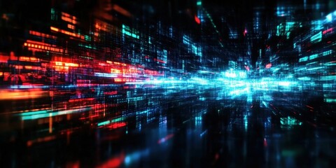 Poster - Dynamic Digital Data Streams with Pixelated Light Streaks in Abstract Futuristic Background Representing Technology and Innovation