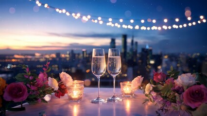Wall Mural - Romantic Rooftop Dinner at Sunset with Champagne and City Views

