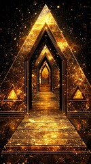 Poster - Golden triangle passageway, mystic, glowing,  interior,  fantasy,  pathway, surreal,  digital art