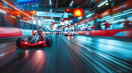 Aufkleber - Competitors navigate a beautifully lit indoor go kart track, showcasing speed and skill in a thrilling race. The atmosphere is electric with colorful lights and cheering spectators.