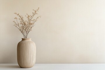 Poster - Elegant beige vase with dried flowers on minimalist background, perfect for home decor, interior design, and seasonal styling