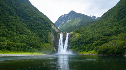 Poster - Breathtaking scenery unfolds as a majestic waterfall gracefully cascades into a pristine lake, surrounded by towering, lush green mountains, creating a tranquil and awe inspiring natural landscape
