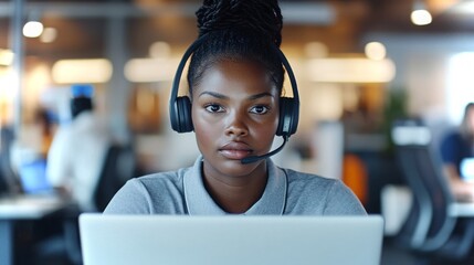 Poster - Professional woman with headset focuses on computer in modern office setting