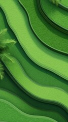 Poster - Vibrant green rice terraces cascading downwards, framed by dark green borders, with a palm tree leaf positioned gracefully in the upper left corner, evoke tranquility and natural beauty