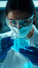 Poster - focused scientist wearing protective gear examines a blue substance in a petri dish, showcasing the 